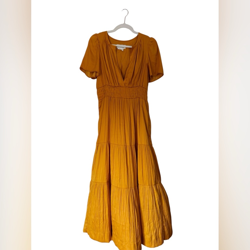 Anthropologie Somerset Satin Maxi Dress Yelllow Gold Size S Short Sleeve